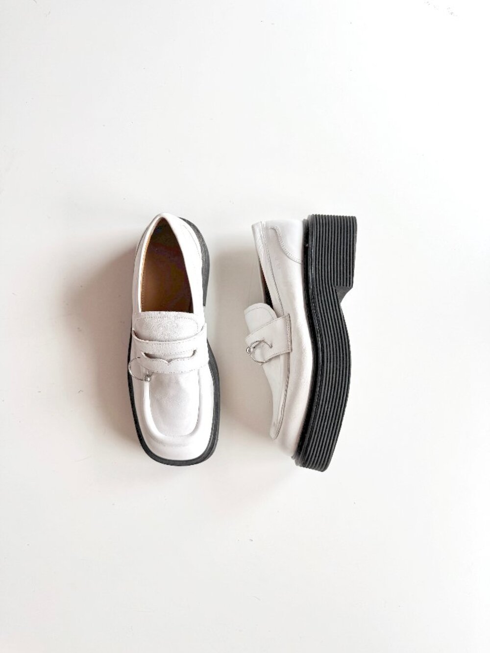 MARNI White Leather Piercing Square Toe Platform Penny Loafers, Size 36.5